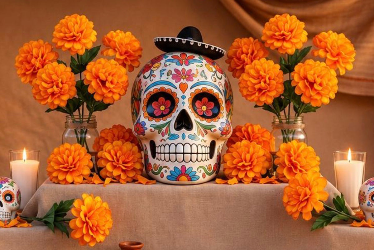 Día de los Muertos altar with orange marigolds